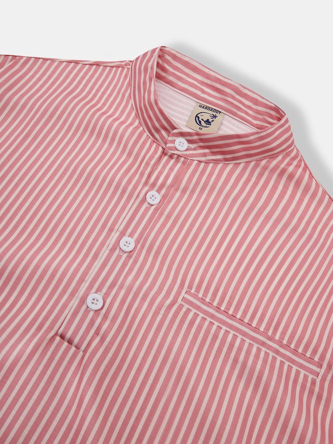Side view of Men Striped Casual Spring/Fall Polyester Natural No Elasticity Loose Commuting Regular Aloha Shirts