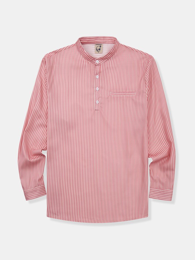Side view of Men Striped Casual Spring/Fall Polyester Natural No Elasticity Loose Commuting Regular Aloha Shirts