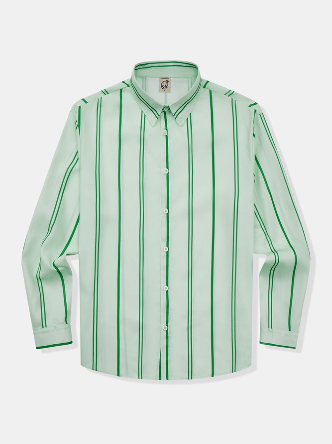 Side view of Men Geometric Casual Spring/Fall Polyester Natural Loose Long Sleeve Regular Shirt Collar Aloha Shirts