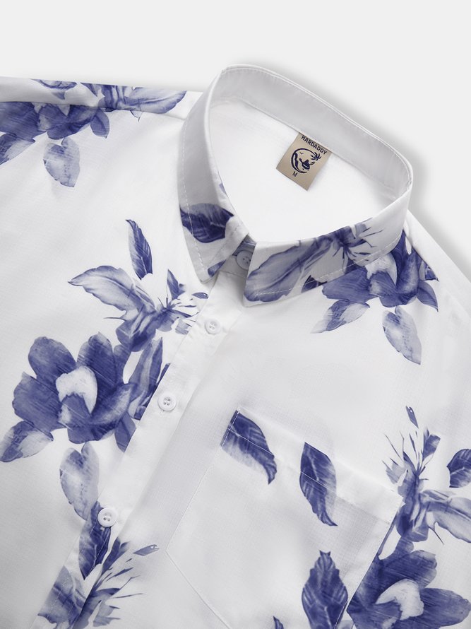 Side view of Men Casual Spring/Fall Plants Polyester No Elasticity Loose Commuting Regular Shirt Collar Aloha Shirts