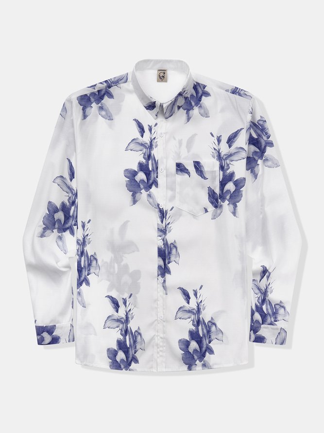Side view of Men Casual Spring/Fall Plants Polyester No Elasticity Loose Commuting Regular Shirt Collar Aloha Shirts