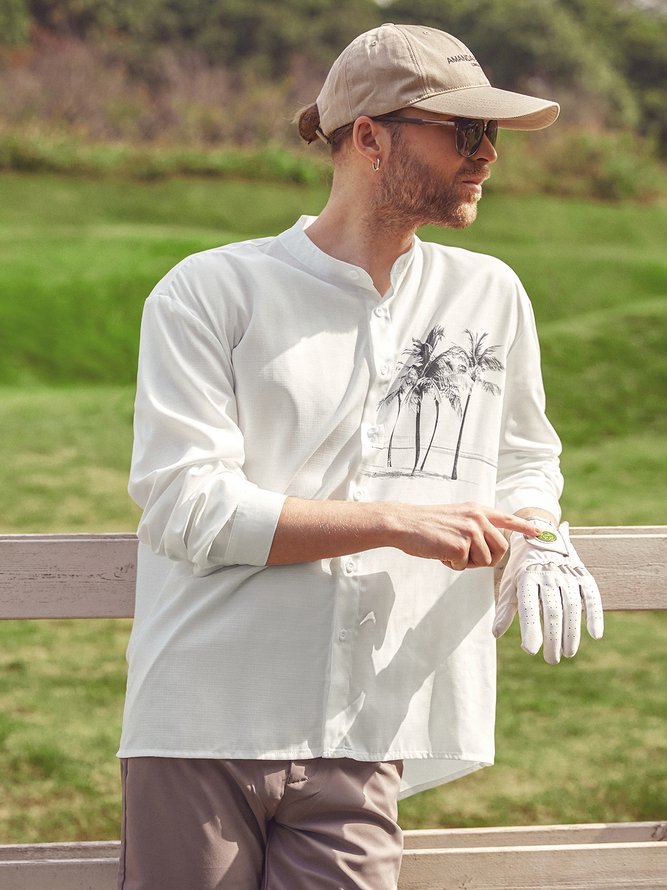 Side view of Men Spring/Fall Plants Vacation Polyester No Elasticity Holiday Loose Long Sleeve H-Line Aloha Shirts
