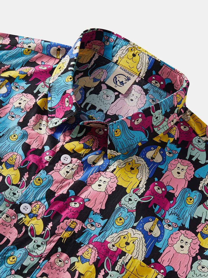 Side view of Men Casual Dog Summer Rayon Natural Breathable Commuting Buttons Regular Aloha Shirts