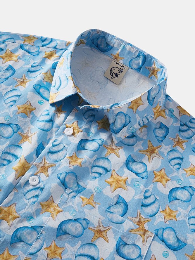 Side view of Men Casual Summer Marine Life Natural No Elasticity Short Sleeve Regular H-Line Pocket Stitching Aloha Shirts