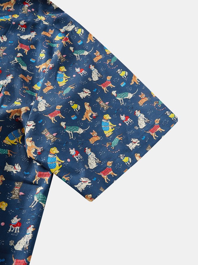 Side view of Summer Dog Vacation Lightweight No Elasticity Vacation Loose Regular H-Line Aloha Shirts for Men
