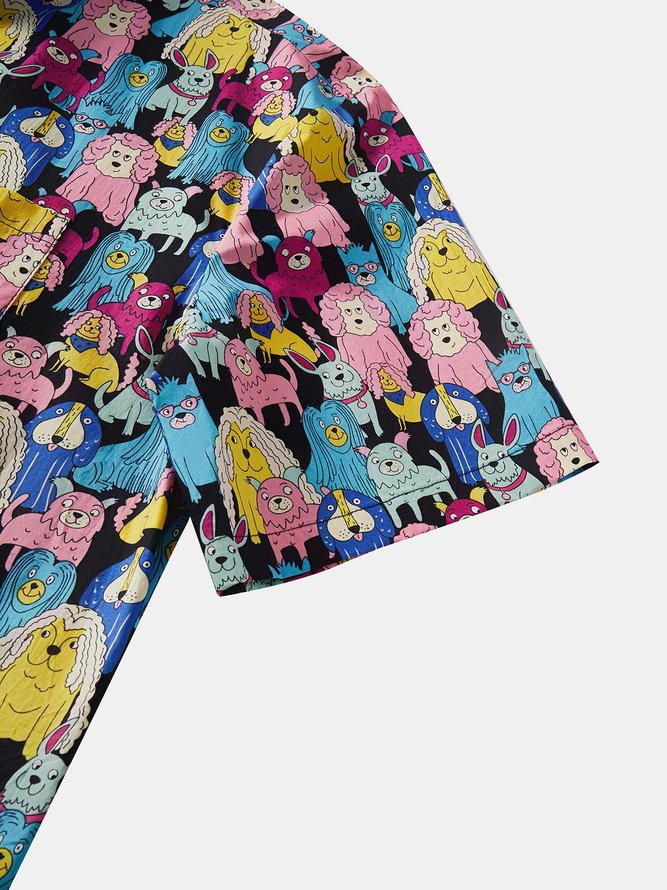 Side view of Men Casual Dog Summer Rayon Natural Breathable Commuting Buttons Regular Aloha Shirts