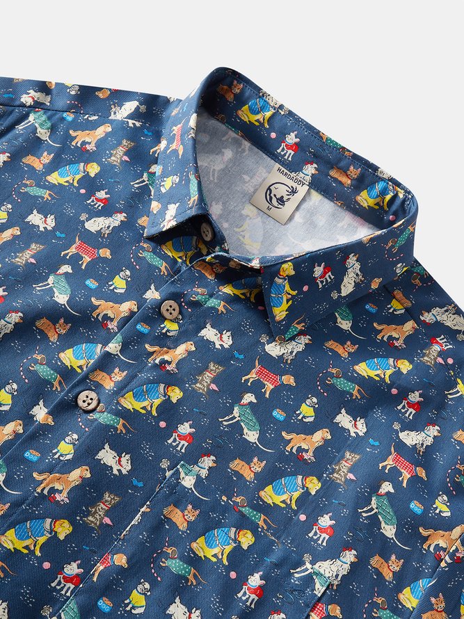 Side view of Summer Dog Vacation Lightweight No Elasticity Vacation Loose Regular H-Line Aloha Shirts for Men