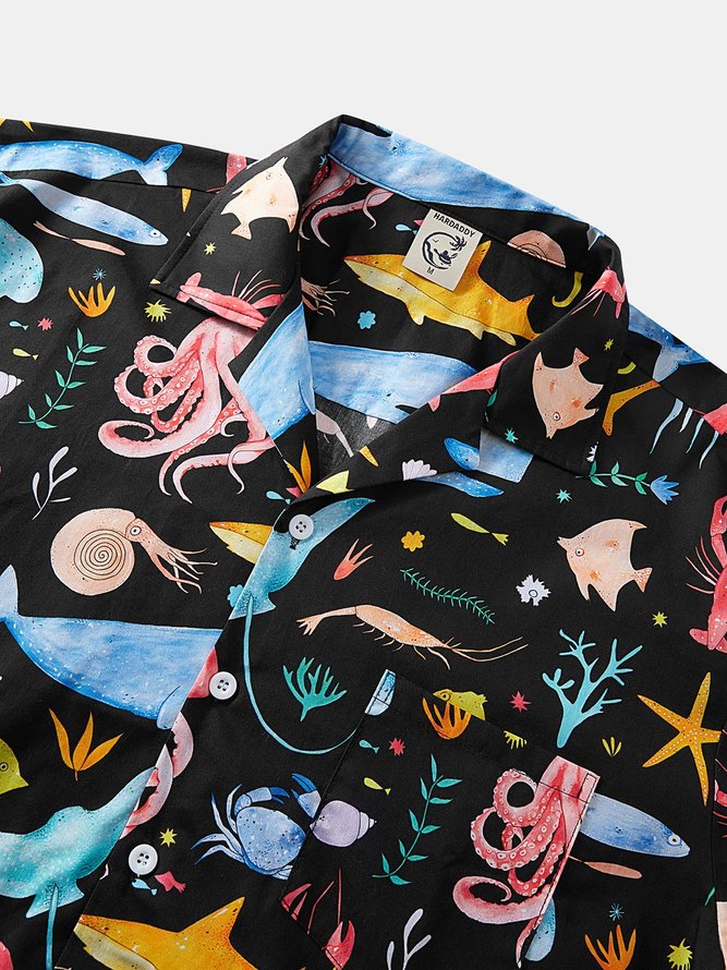 Side view of Men Summer Vacation Sea Household Loose Short sleeve Cotton Regular H-Line Aloha Shirts