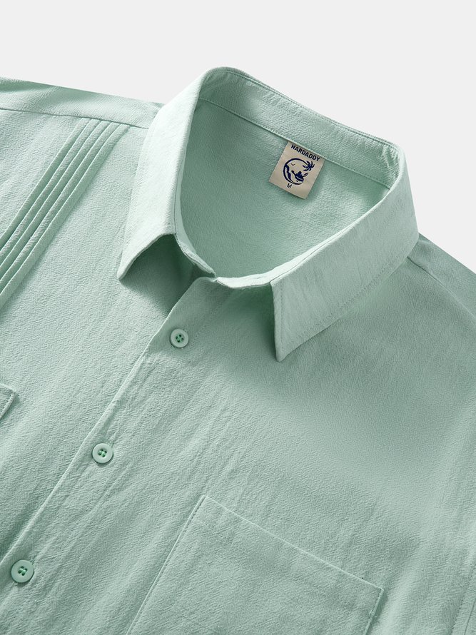 Side view of Men Plain Summer Vacation Natural No Elasticity Loose Short Sleeve Cotton Shirt Collar Guayabera Shirts
