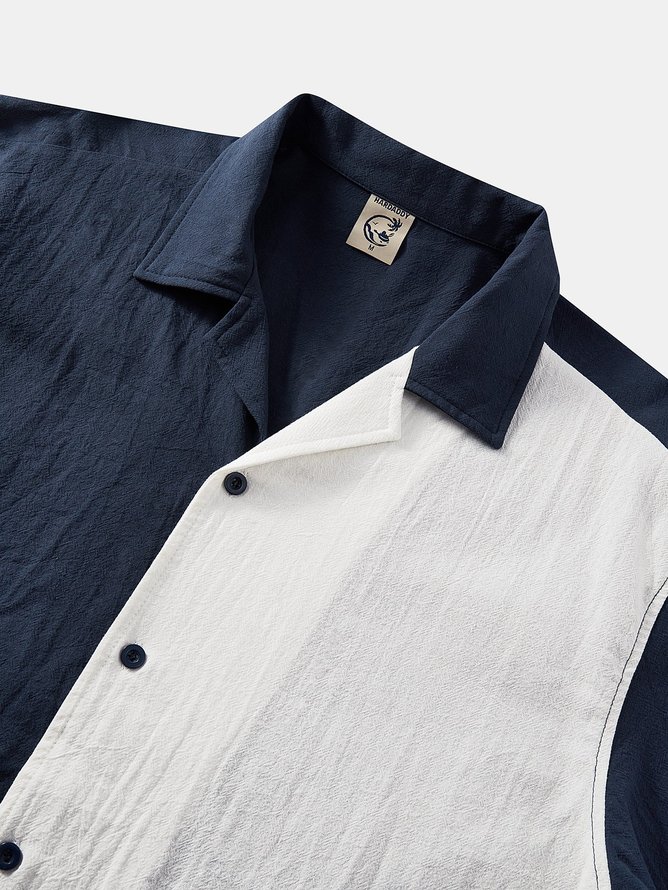 Side view of Men Casual Color Block Summer Natural Breathable Commuting Short Sleeve Cotton Camp Collar Aloha Shirts