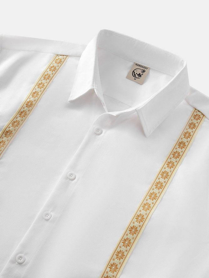 Side view of Men Geometric Summer Vacation Daily Loose Short Sleeve Cotton Regular Shirt Collar Guayabera Shirts