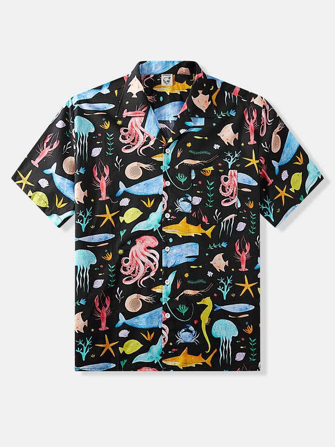 Side view of Men Summer Vacation Sea Household Loose Short sleeve Cotton Regular H-Line Aloha Shirts