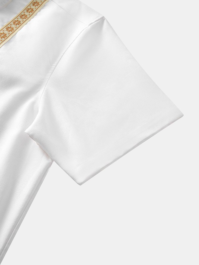 Side view of Men Geometric Summer Vacation Daily Loose Short Sleeve Cotton Regular Shirt Collar Guayabera Shirts