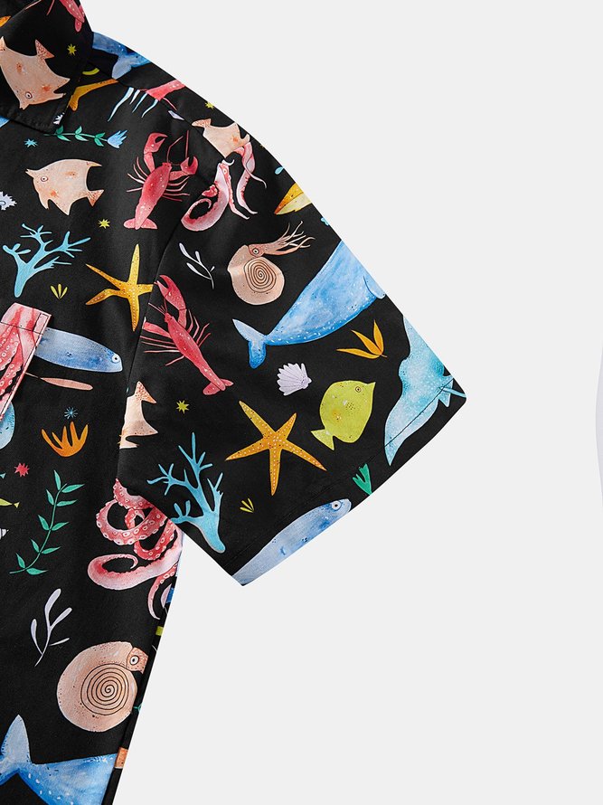 Side view of Men Summer Vacation Sea Household Loose Short sleeve Cotton Regular H-Line Aloha Shirts