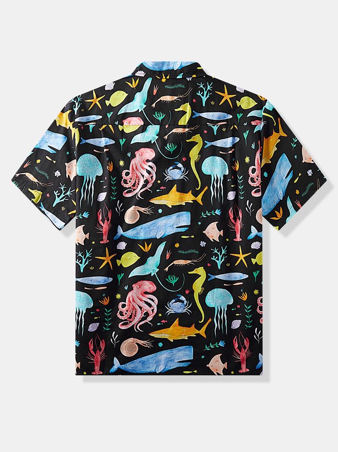 Side view of Men Summer Vacation Sea Household Loose Short sleeve Cotton Regular H-Line Aloha Shirts