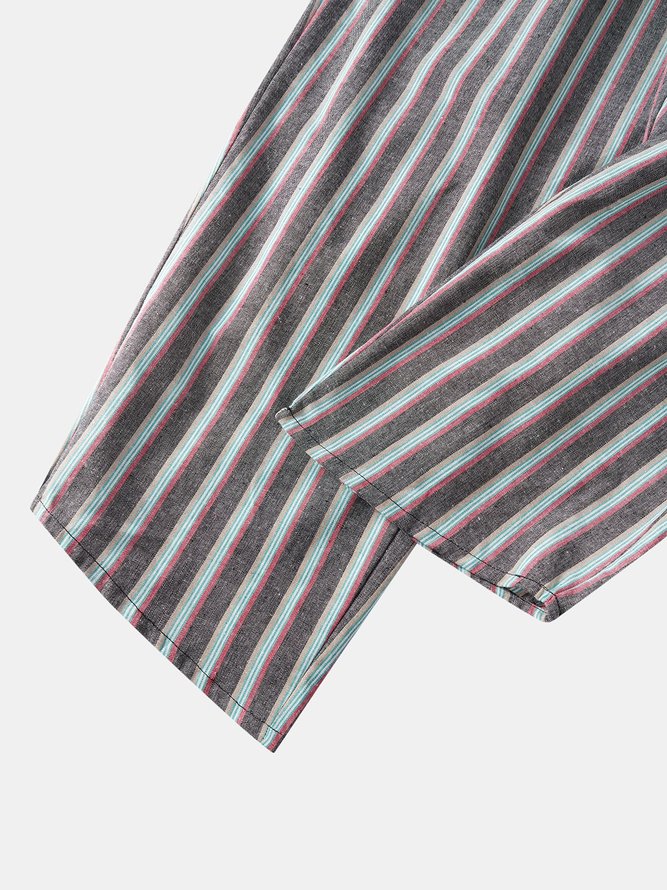 Side view of Men Striped Casual Spring/Fall Natural No Elasticity Capris Cotton H-Line Regular Pants