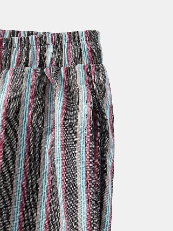 Side view of Men Striped Casual Spring/Fall Natural No Elasticity Capris Cotton H-Line Regular Pants