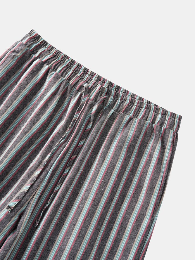 Side view of Men Striped Casual Spring/Fall Natural No Elasticity Capris Cotton H-Line Regular Pants