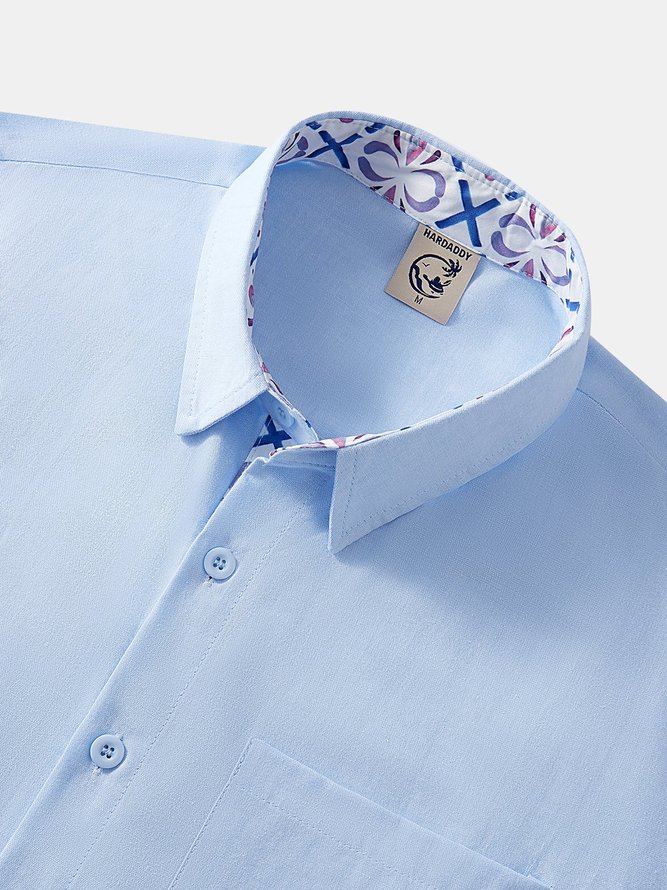 Side view of Men Plain Summer Vacation No Elasticity Moisture Permeability Short Sleeve Cotton H-Line Shirt Collar Aloha Shirts