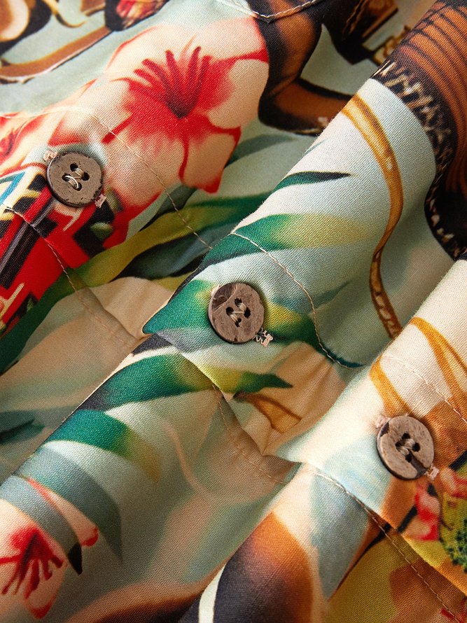 Side view of Casual Summer USA/US/American Natural No Elasticity Breathable Commuting H-Line Regular Aloha Shirts for Men