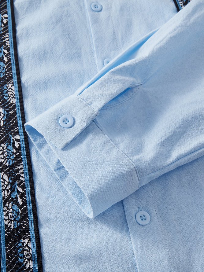 Side view of Men Plain Casual Spring/Fall Natural No Elasticity Loose Commuting Cotton Regular Guayabera Shirts