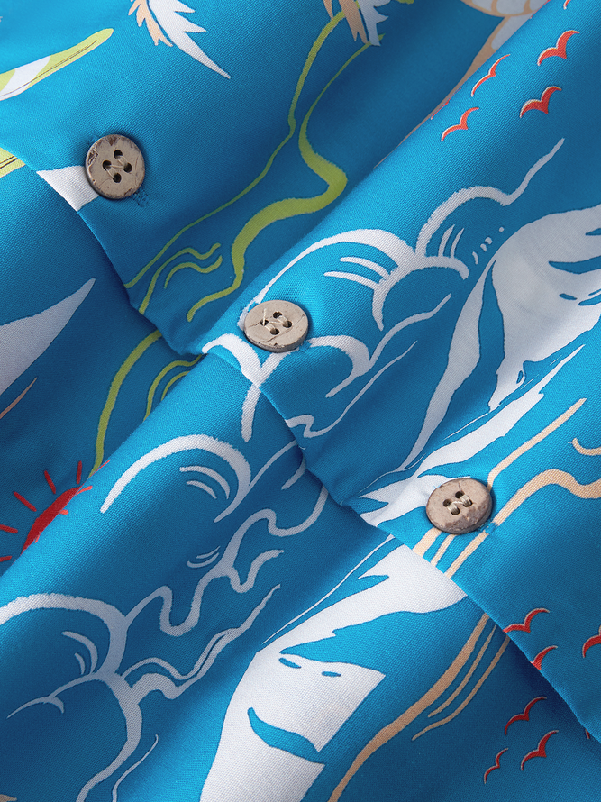 Side view of Men Summer Coconut Tree Vacation Natural No Elasticity Commuting Loose Short Sleeve Regular Aloha Shirts