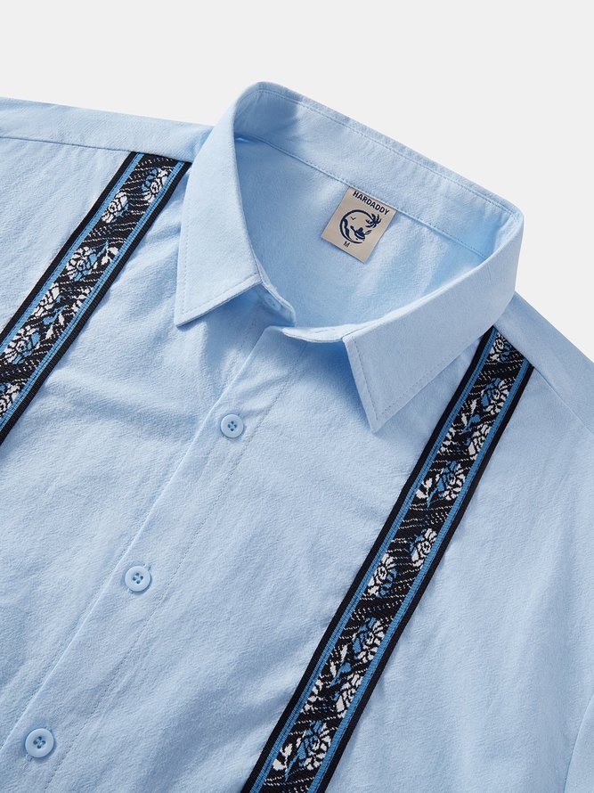 Side view of Men Plain Casual Spring/Fall Natural No Elasticity Loose Commuting Cotton Regular Guayabera Shirts