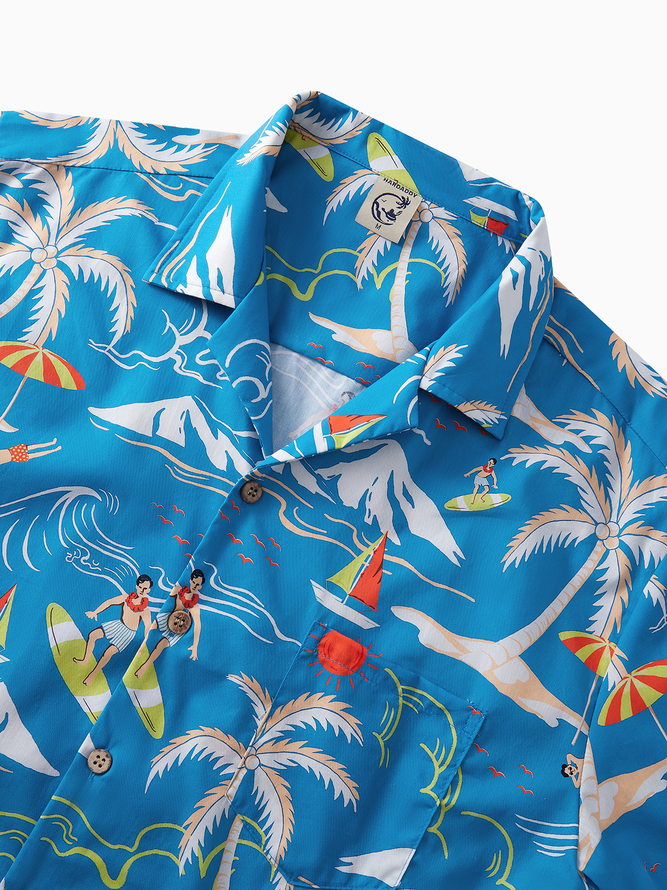Side view of Men Summer Coconut Tree Vacation Natural No Elasticity Commuting Loose Short Sleeve Regular Aloha Shirts