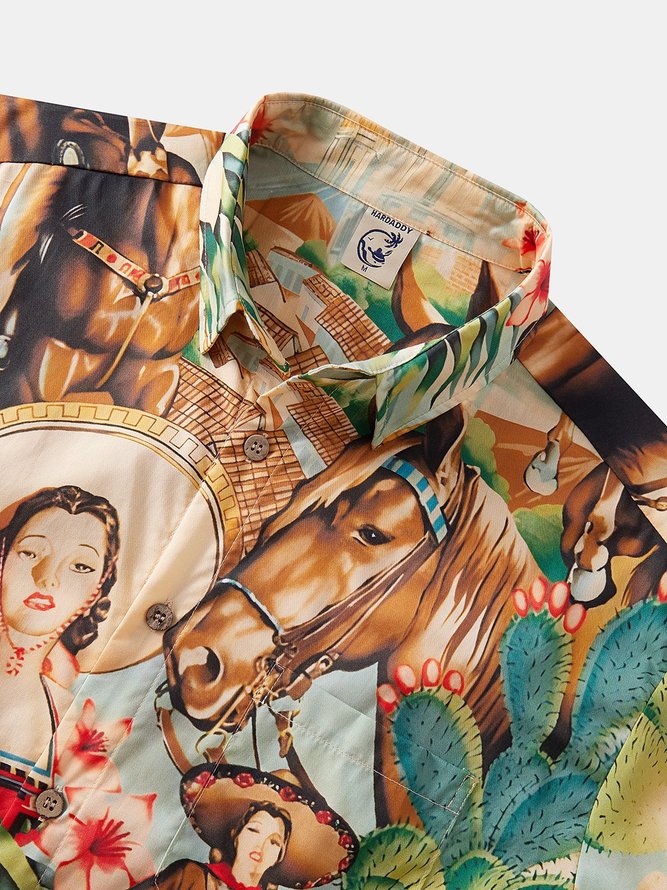 Side view of Casual Summer USA/US/American Natural No Elasticity Breathable Commuting H-Line Regular Aloha Shirts for Men