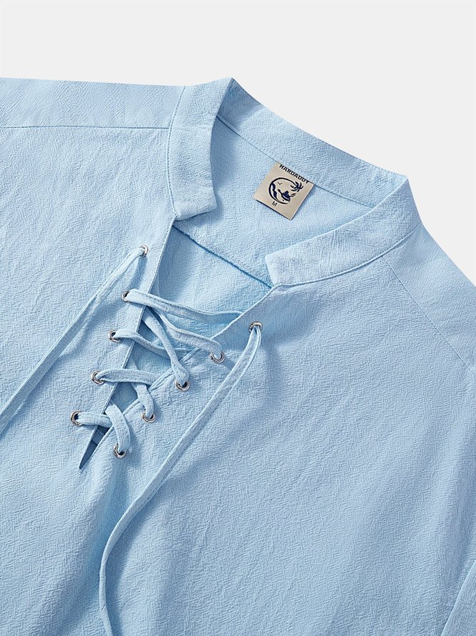 Side view of Men Casual Plain Summer Natural Breathable Cotton H-Line Regular Shirt Collar Aloha Shirts