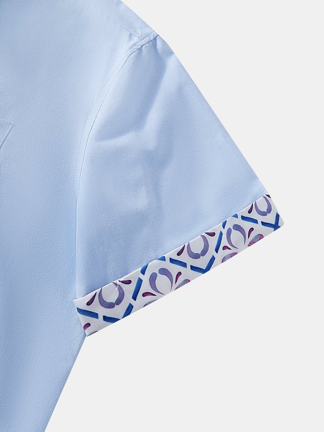 Side view of Men Plain Summer Vacation No Elasticity Moisture Permeability Short Sleeve Cotton H-Line Shirt Collar Aloha Shirts