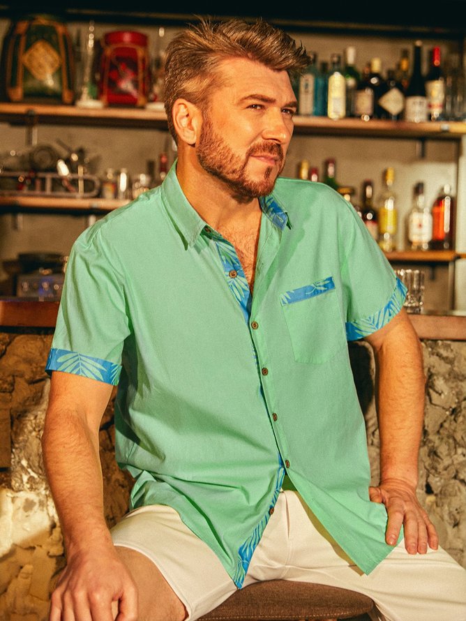 Side view of Men Casual Summer Tropical Moisture Permeability Buttons Short Sleeve H-Line Regular Pocket Stitching Aloha Shirts