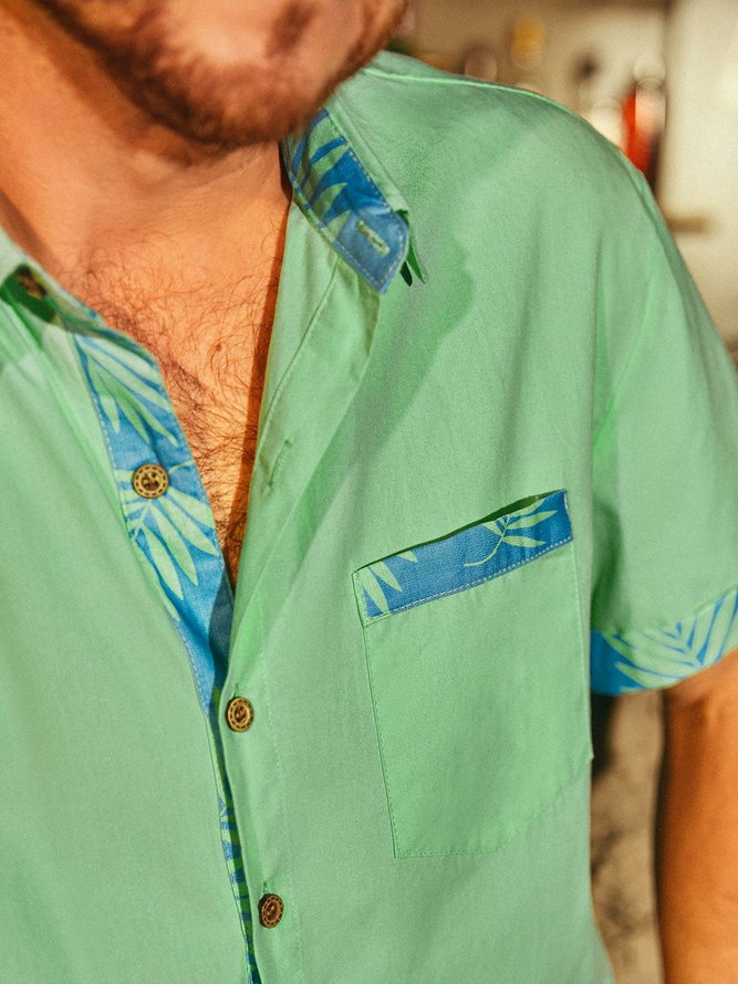 Side view of Men Casual Summer Tropical Moisture Permeability Buttons Short Sleeve H-Line Regular Pocket Stitching Aloha Shirts