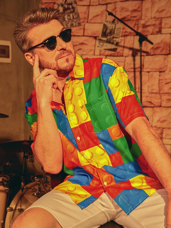 Side view of Men Geometric Casual Summer Lightweight Micro-Elasticity Loose Short sleeve H-Line Shirt Collar Aloha Shirts