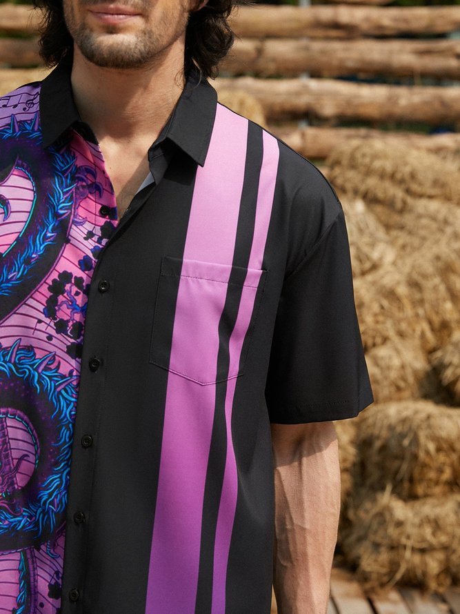 Side view of Men Casual Summer Music Lightweight Micro-Elasticity Loose Short sleeve Regular H-Line Bowling Shirts