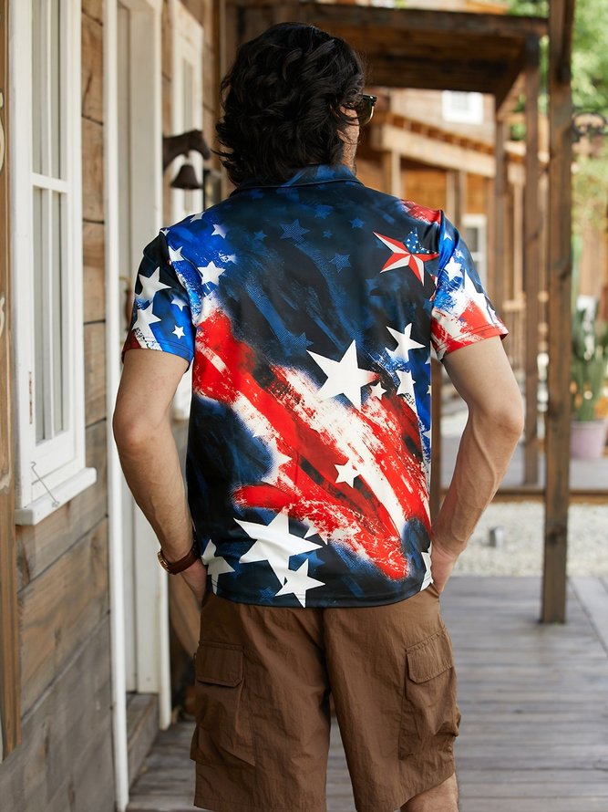 Side view of Men Casual Eagle Old Glory Summer Printing Lightweight Micro-Elasticity Household Regular Fit Buttons Casual Polo
