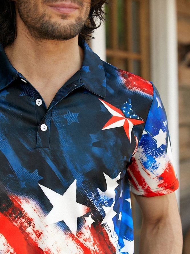 Side view of Men Casual Eagle Old Glory Summer Printing Lightweight Micro-Elasticity Household Regular Fit Buttons Casual Polo
