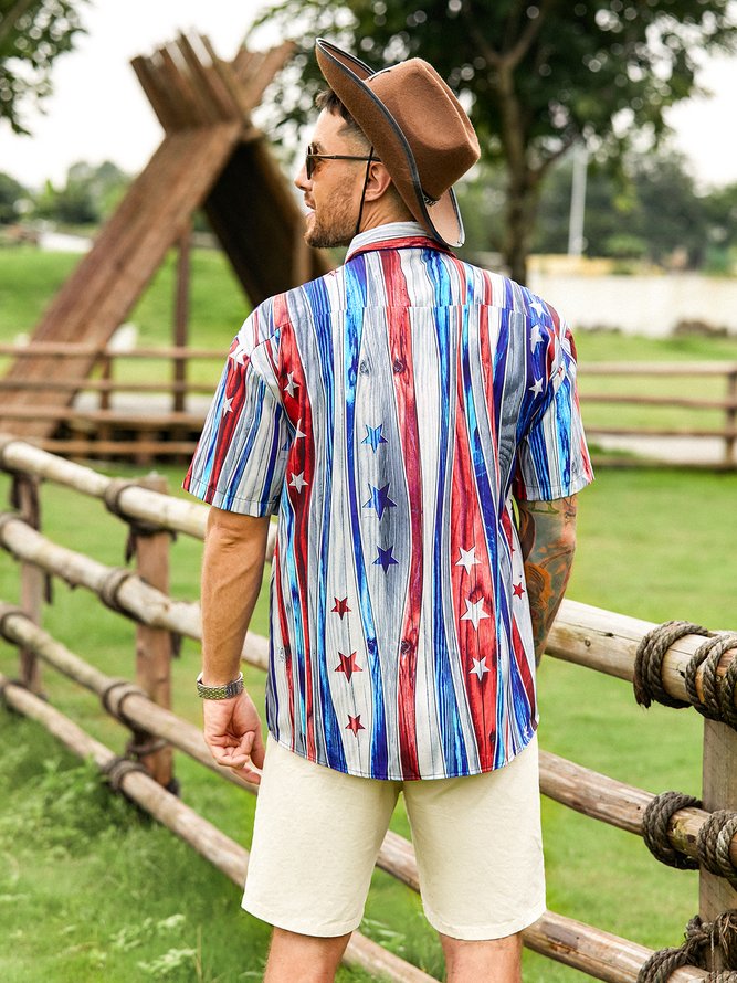 Side view of Striped Casual Summer Polyester Lightweight Loose Short sleeve H-Line Shirt Collar Aloha Shirts for Men