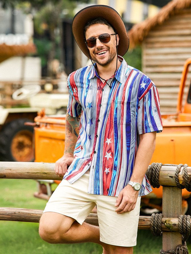 Side view of Striped Casual Summer Polyester Lightweight Loose Short sleeve H-Line Shirt Collar Aloha Shirts for Men