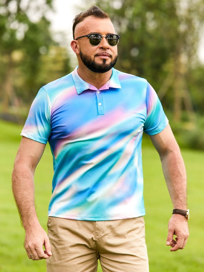 Side view of Casual Ombre Summer Polyester Lightweight Regular Fit Buttons Regular H-Line Casual Polo for Men
