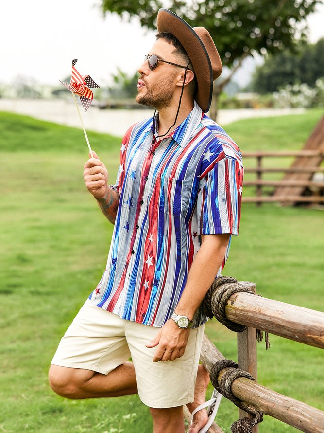 Side view of Striped Casual Summer Polyester Lightweight Loose Short sleeve H-Line Shirt Collar Aloha Shirts for Men