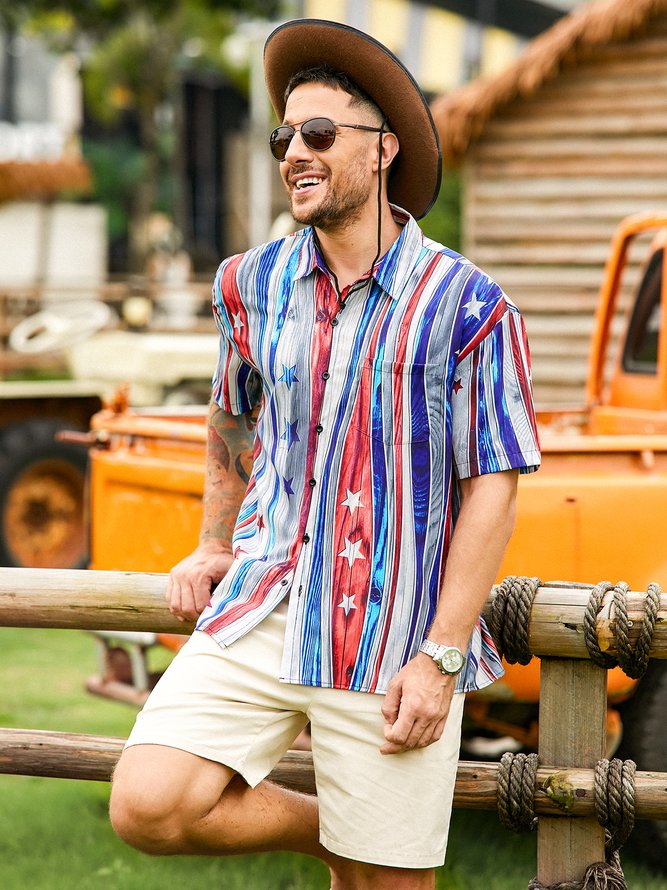Side view of Striped Casual Summer Polyester Lightweight Loose Short sleeve H-Line Shirt Collar Aloha Shirts for Men