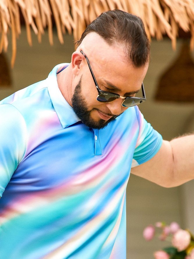 Side view of Casual Ombre Summer Polyester Lightweight Regular Fit Buttons Regular H-Line Casual Polo for Men