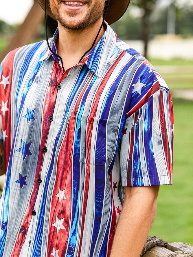 Side view of Striped Casual Summer Polyester Lightweight Loose Short sleeve H-Line Shirt Collar Aloha Shirts for Men