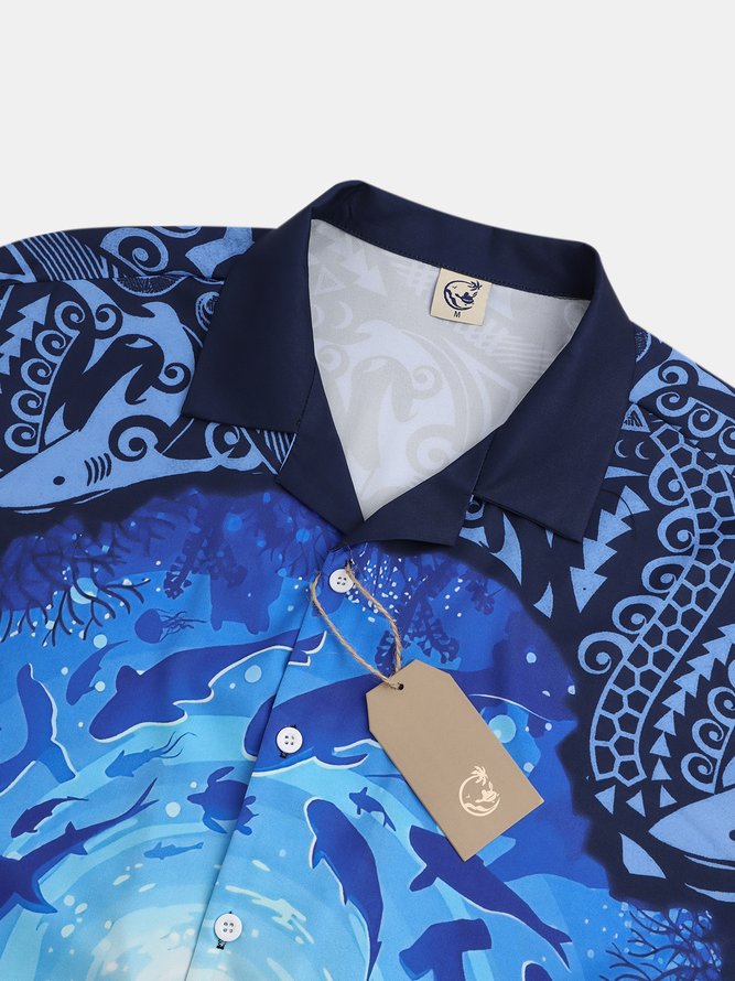 Mens Hawaiian Shark Print Casual Breathable Short Sleeve Aloha Shirt