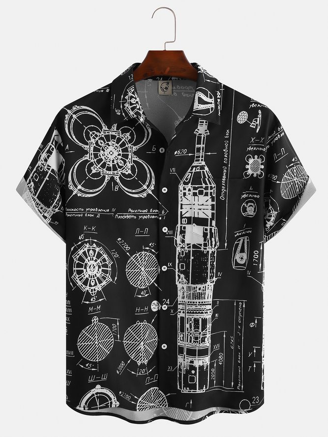 Mens Space Astrorocket Print Front Buttons Soft Breathable Chest Pocket Casual Hawaiian Shirt