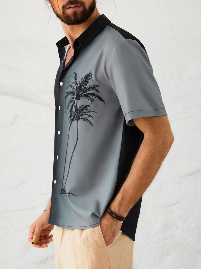 Mens Gradient Coconut Tree Print Casual Short Sleeve Shirt Hawaiian Top