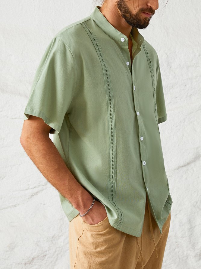 Mens Cotton Linen Stand Collar Short Sleeve Shirt