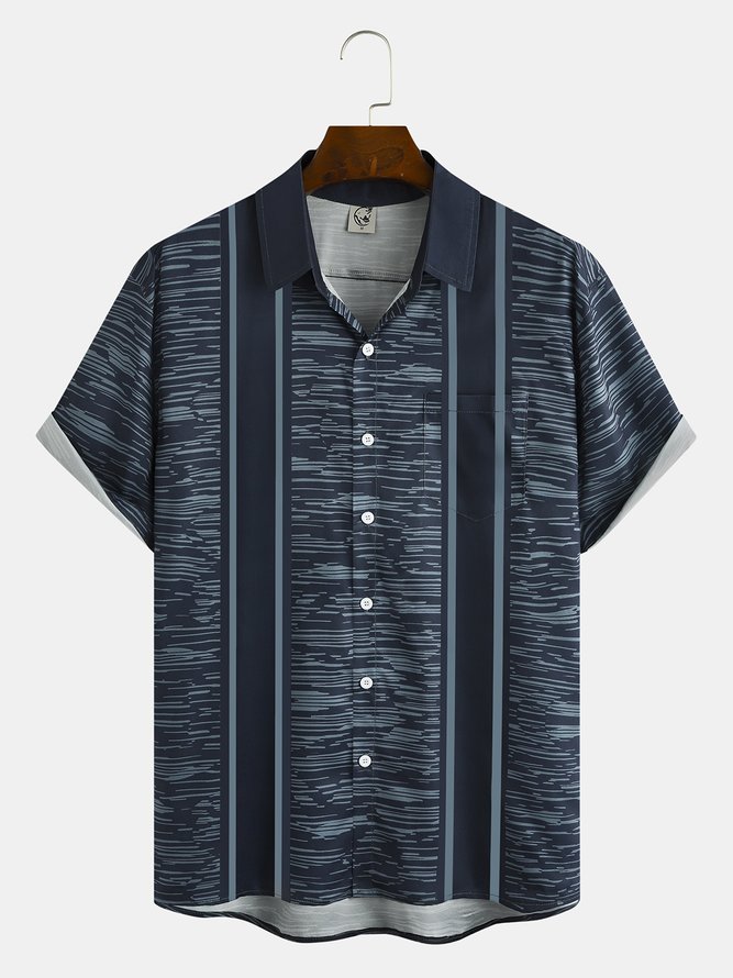 Men's Lineart Print Moisture Absorbent Breathable Fabric Fashion Hawaiian Lapel Short Sleeve Shirts