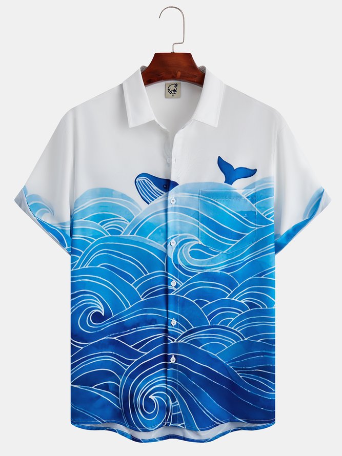 Japanese Ukiyoe Wave Chest Pocket Short Sleeve Hawaiian Shirt